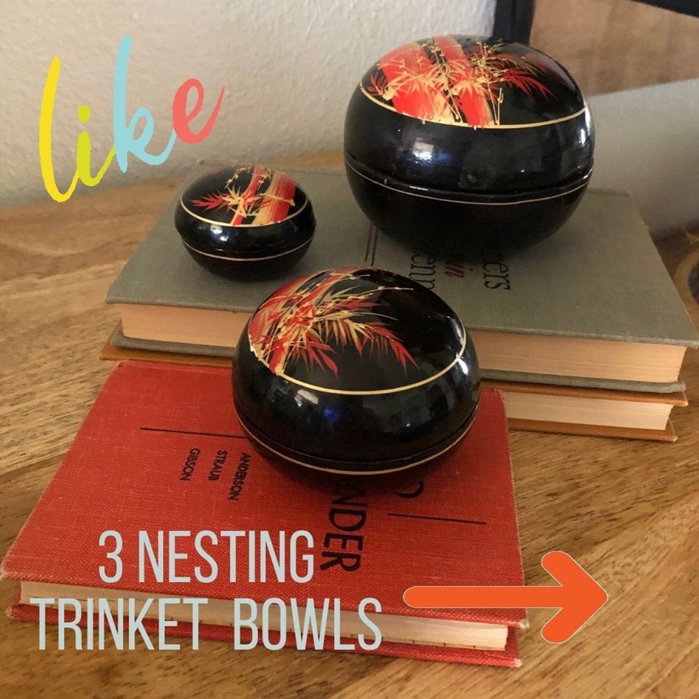 Set of 3 Lacquered Nesting Bowls Round 3” Wide 3” Tall Hand-painted Bamboo
